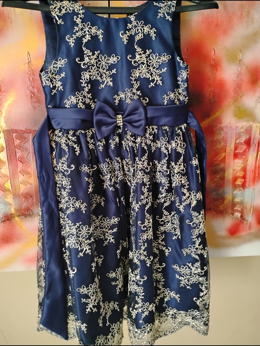 Navy Floral Lace Bow Satin Girls' Party Dress
